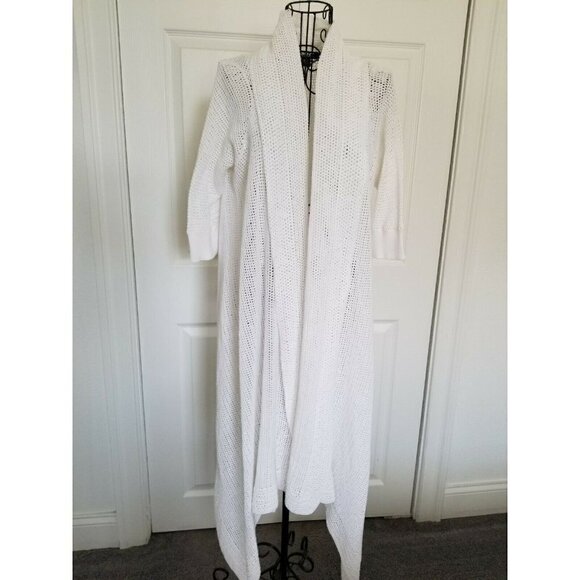 DKNY White Open Weave 100% Cotton Cardigan Elbow Length Sleeves Front Drape M/L - Picture 1 of 9